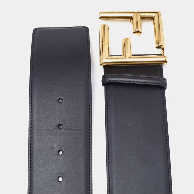 Pre Owned Fendi Black Leather FF Buckle Waist Belt 75 CM