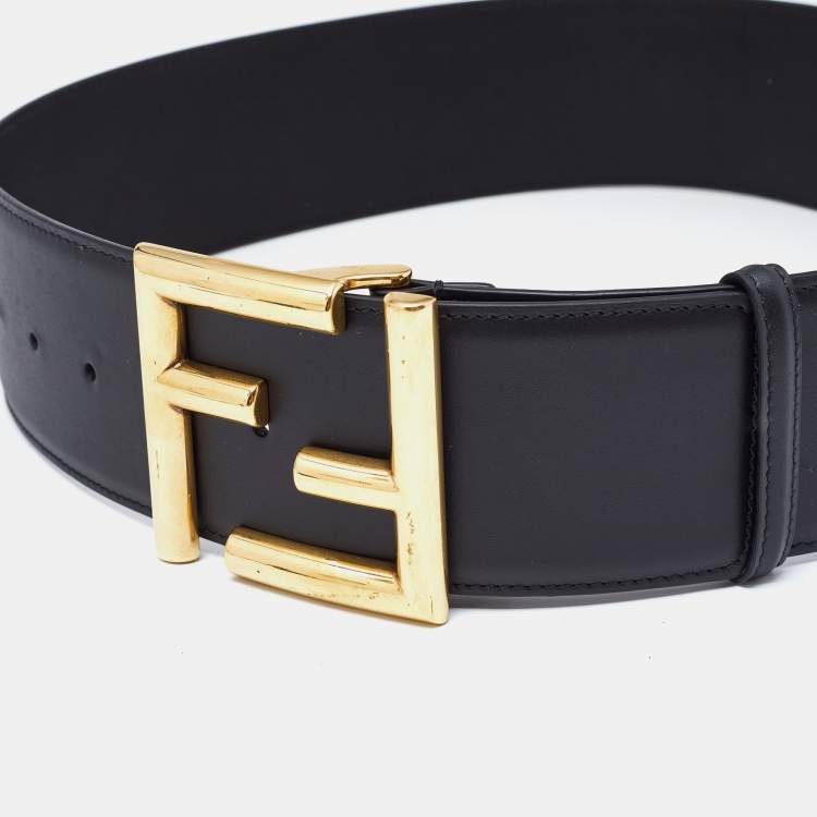 Pre Owned Fendi Black Leather FF Buckle Waist Belt 75 CM