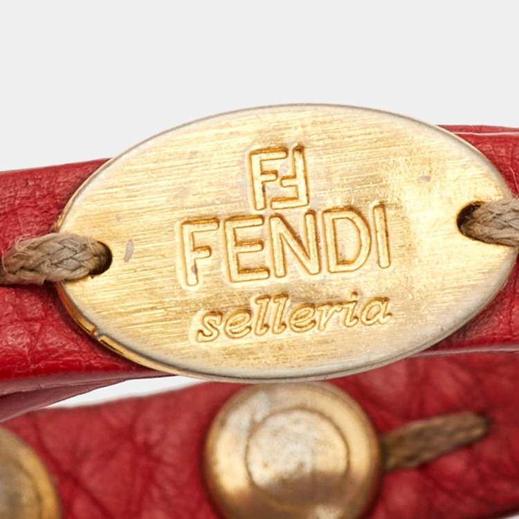 Pre Owned Fendi Selleria Red Leather Gold Tone Double Wrap Bracelet 
