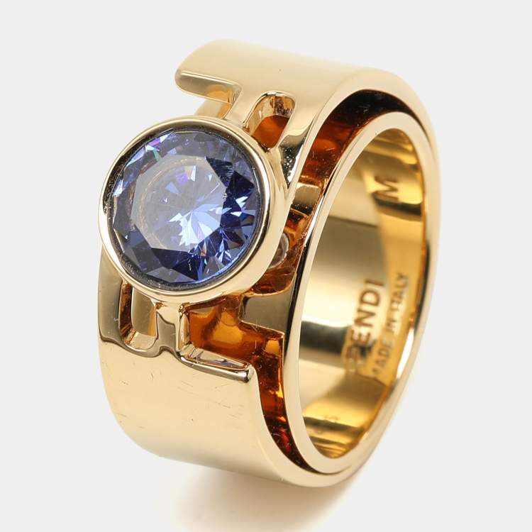 Pre Owned Fendi Gold Tone Crystal Embellished FF Band Ring Size 53