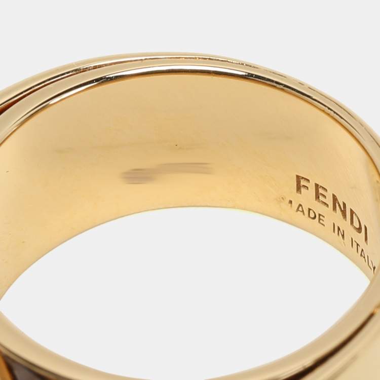 Pre Owned Fendi Gold Tone Crystal Embellished FF Band Ring Size 53