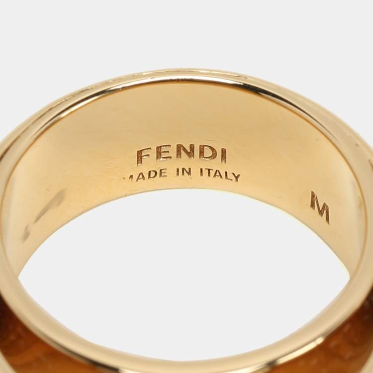 Pre Owned Fendi Gold Tone Crystal Embellished FF Band Ring Size 53