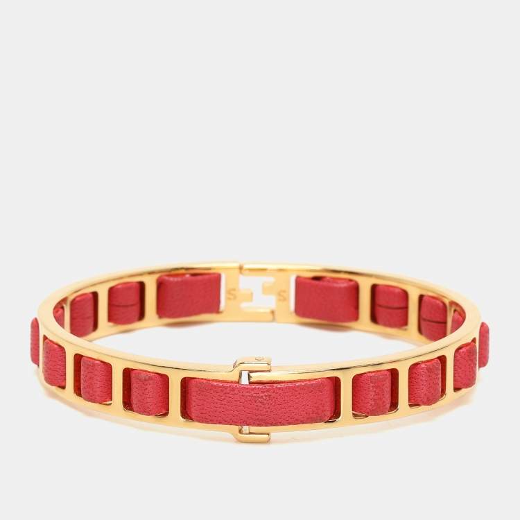 Pre Owned Fendi Gold Tone Pink Leather The Fendista Bangle Bracelet S