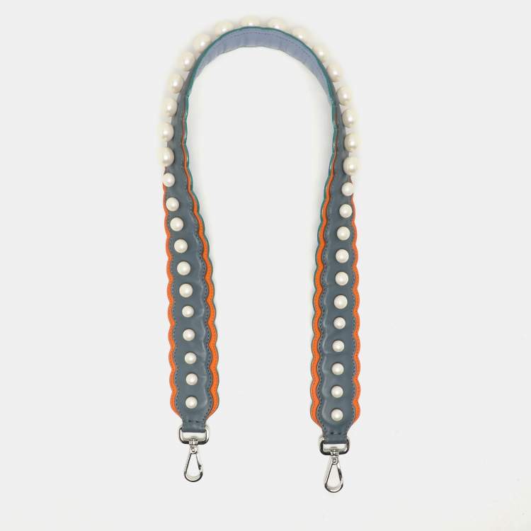 Pre Owned Fendi Blue/Orange Leather Pearl Embellished Strap You Shoulder Strap