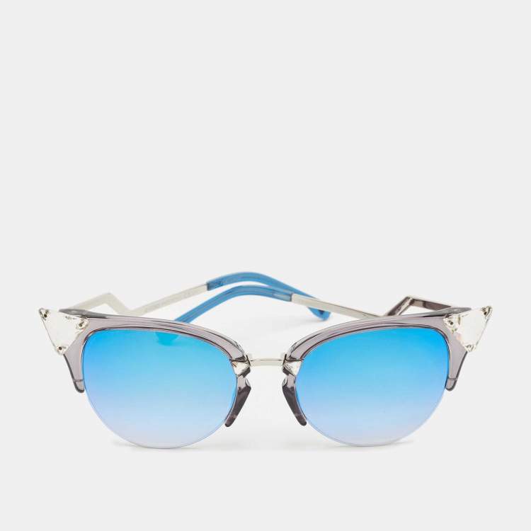 Pre Owned Fendi Blue/Silver Mirrored FF0042/S Iridia Crystals Cat Eye Sunglasses
