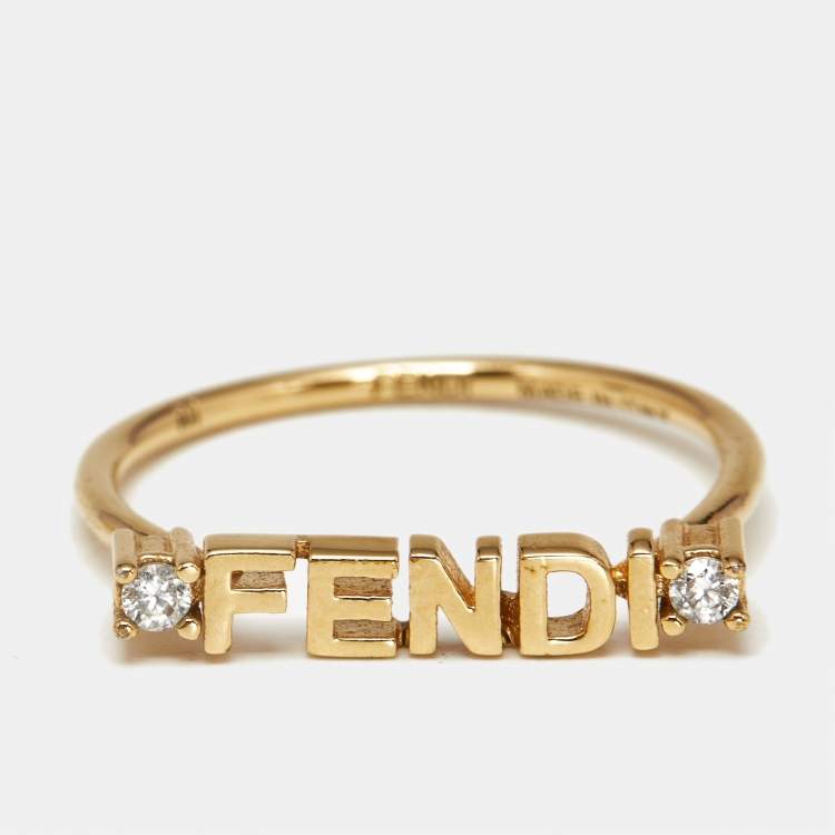Pre Owned Fendi Signature Crystals Gold Tone Ring Size 56
