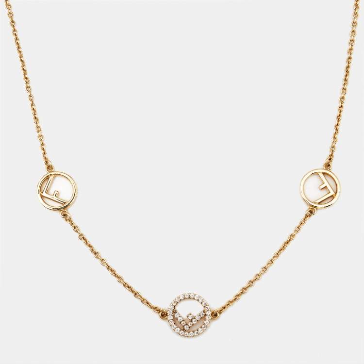 Pre Owned Fendi F Is Fendi Crystals Gold Tone Necklace