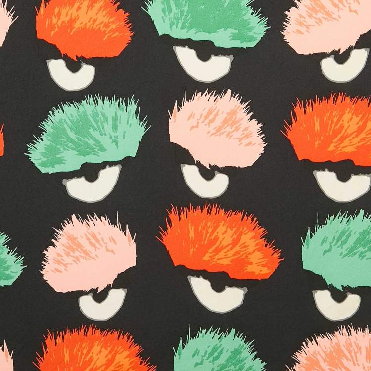 Pre Owned Fendi Black Abstract Pom Pom Print Silk Monster Square Scarf 