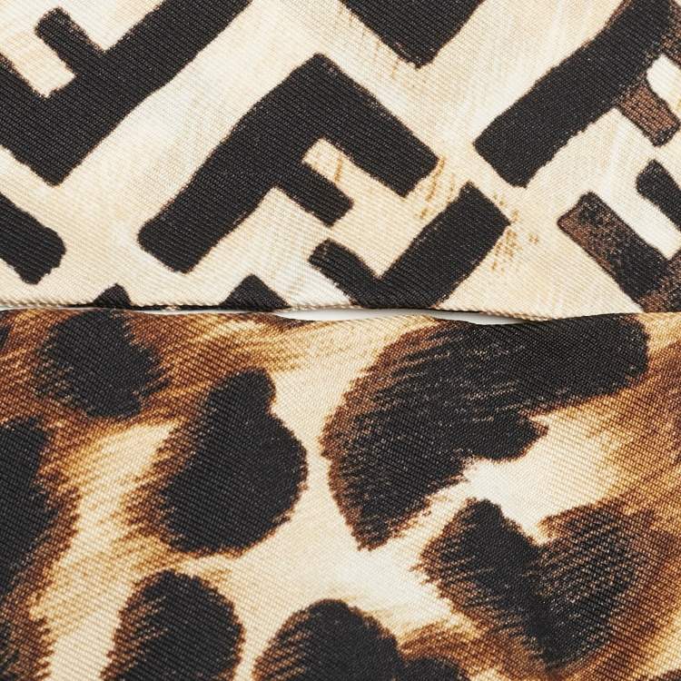 Pre Owned Fendi Brown Zucca/Leopard Print Silk Bandeau Scarf