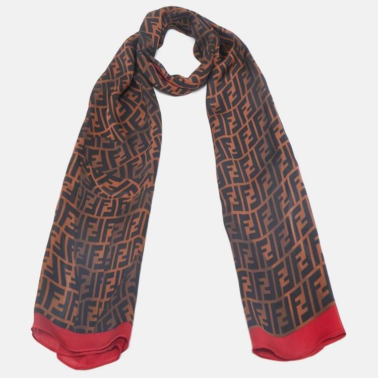 Pre Owned Fendi Brown Zucca Monogram Silk Stole 