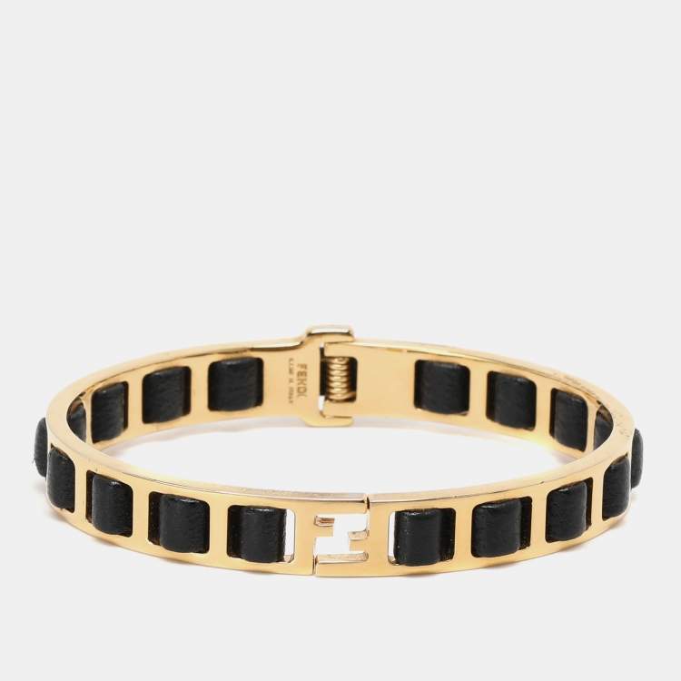 Pre Owned Fendi Fendista Black Leather Gold Tone Bracelet 