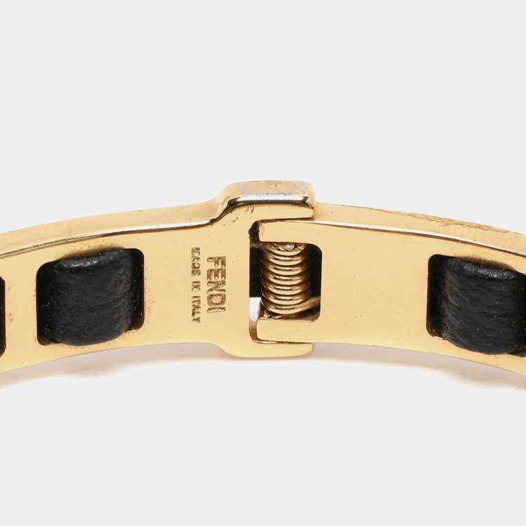 Pre Owned Fendi Fendista Black Leather Gold Tone Bracelet 