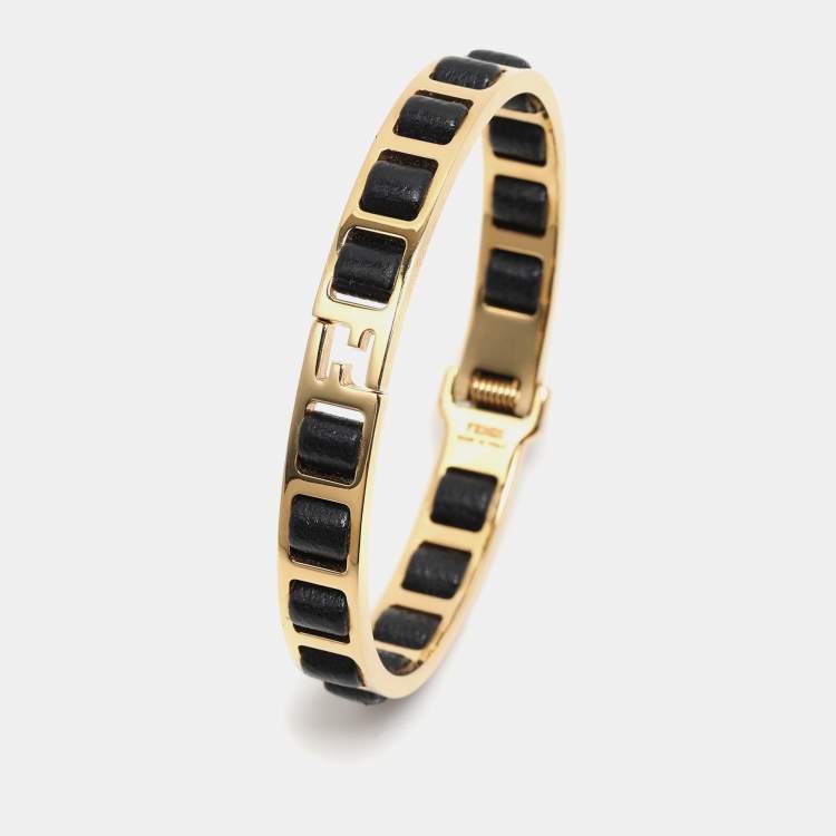 Pre Owned Fendi Fendista Black Leather Gold Tone Bracelet 
