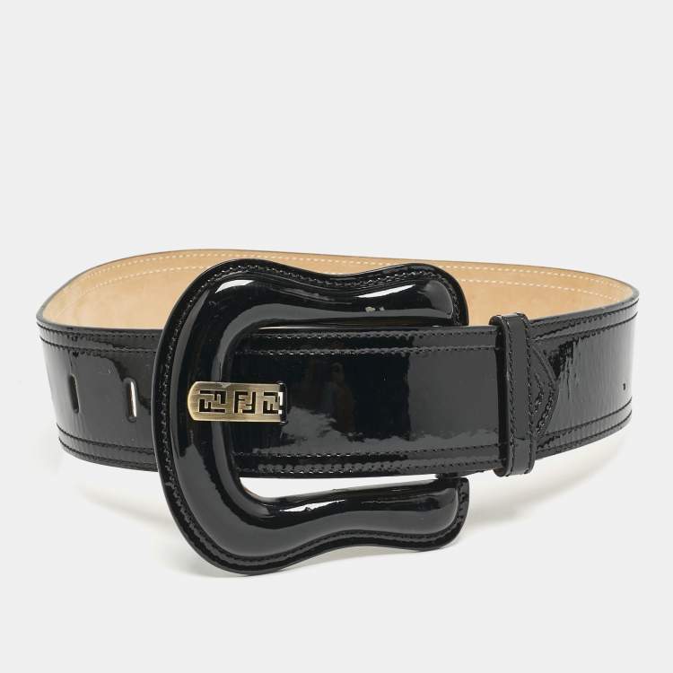 Pre Owned Fendi Black Patent Leather B Buckle Waist Belt 80CM
