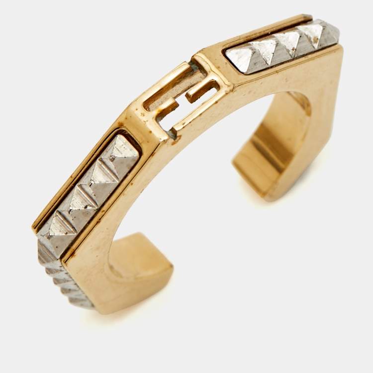 Pre Owned Fendi  Baguette Two Tone Textured Ring Size 58