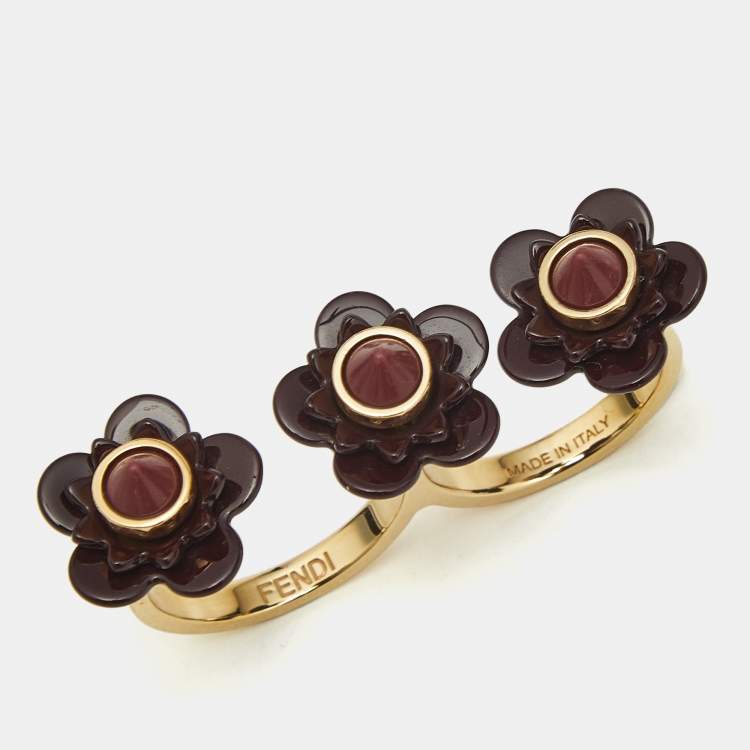Pre Owned Fendi Blossom Black Resin & Gold Tone Flower Two Finger Ring L