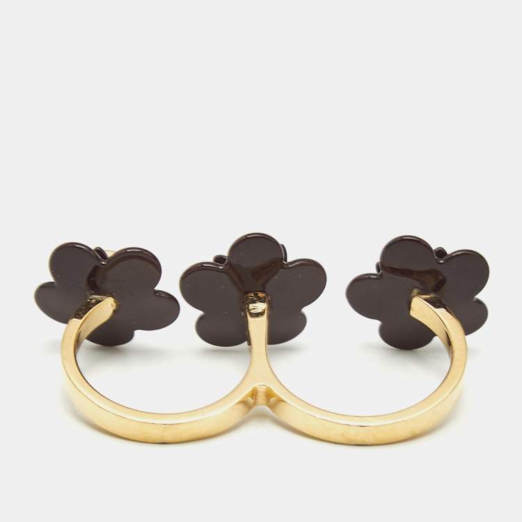 Pre Owned Fendi Blossom Black Resin & Gold Tone Flower Two Finger Ring L