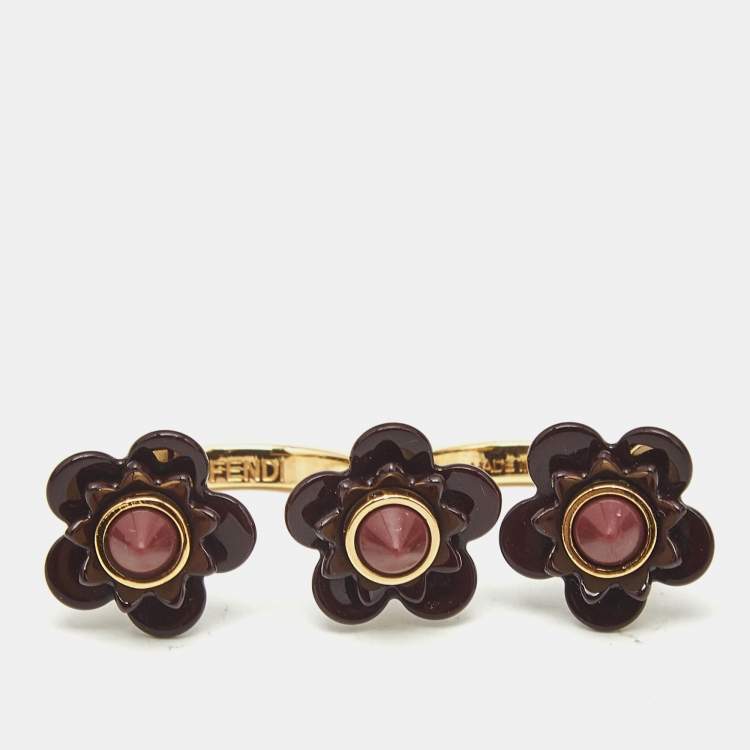 Pre Owned Fendi Blossom Black Resin & Gold Tone Flower Two Finger Ring L