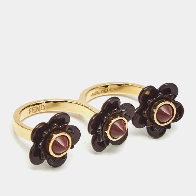 Pre Owned Fendi Blossom Black Resin & Gold Tone Flower Two Finger Ring L