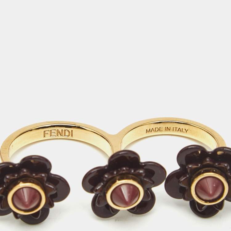 Pre Owned Fendi Blossom Black Resin & Gold Tone Flower Two Finger Ring L