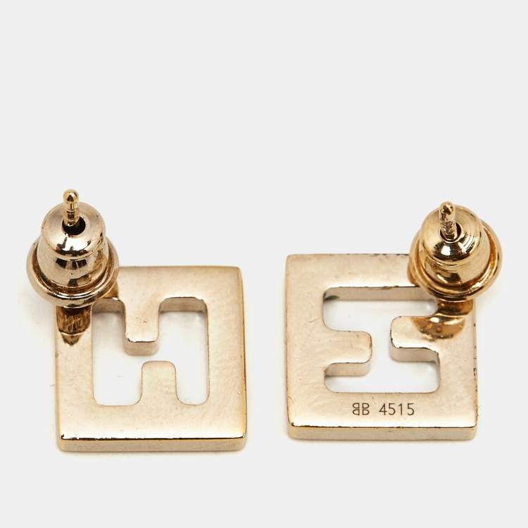 Pre Owned Fendi FF Logo Crystal Studded Gold Tone Stud Earrings