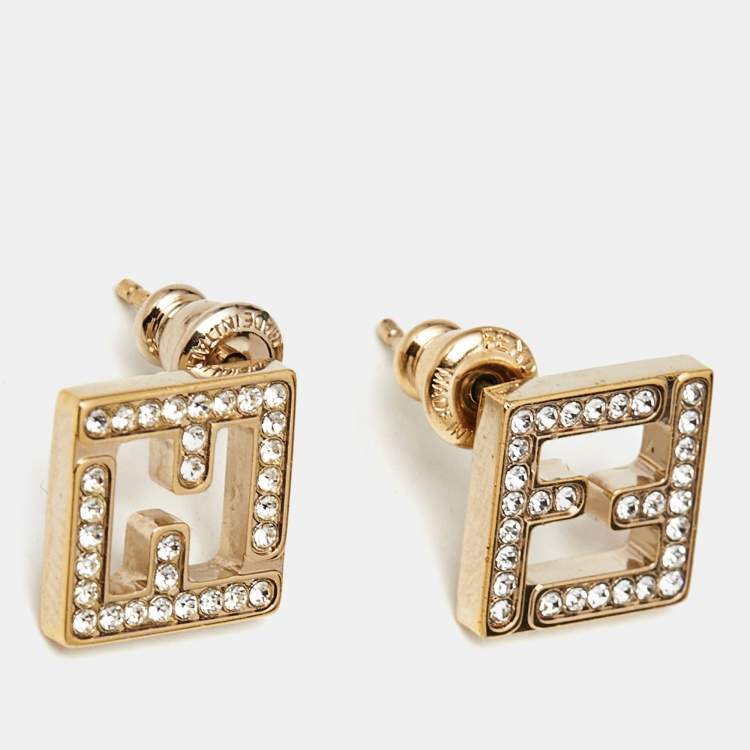Pre Owned Fendi FF Logo Crystal Studded Gold Tone Stud Earrings