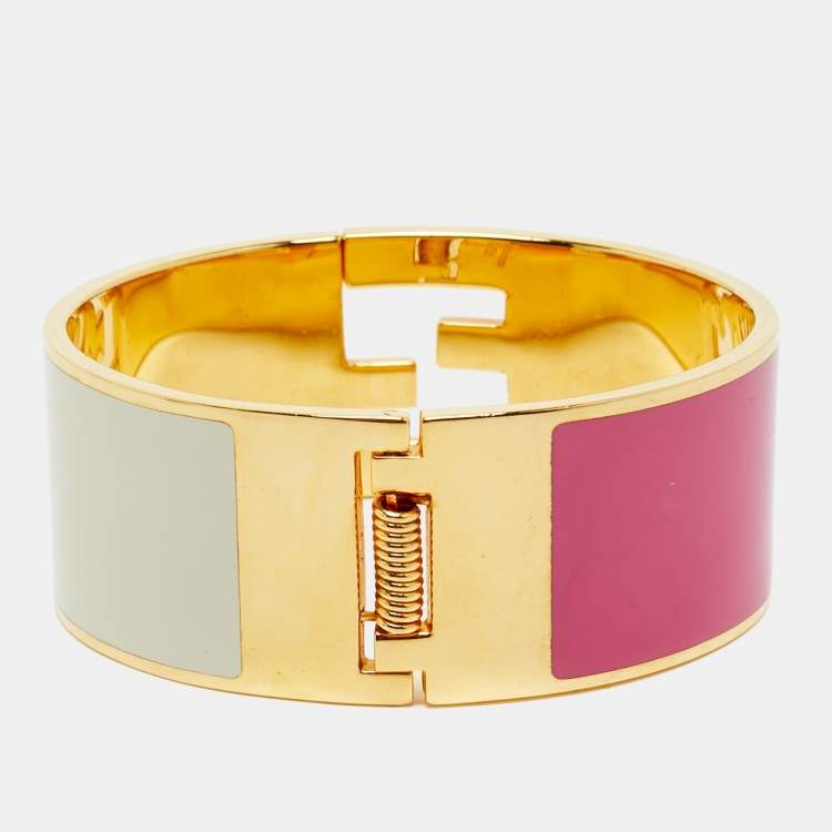 Pre Owned Fendi Fendista Bi-color Enamel Gold Tone Wide Bracelet S