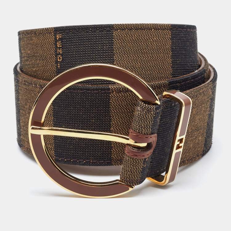 Pre Owned Fendi Brown Canvas Pequin Stripe Round Buckle Belt 80CM