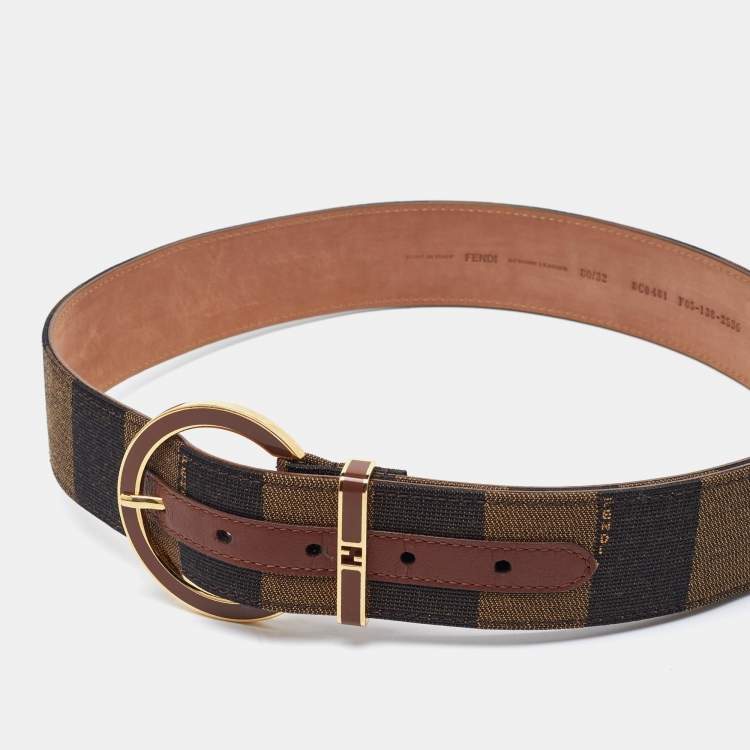 Pre Owned Fendi Brown Canvas Pequin Stripe Round Buckle Belt 80CM