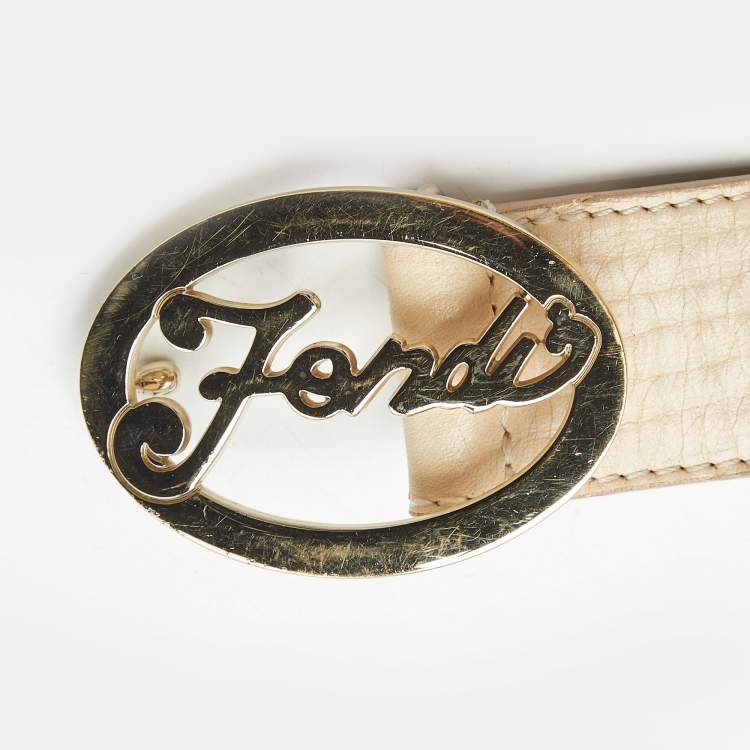 مملوكة مسبقًا Fendi Beige Leather Oval Plaque Buckle Belt 85 CM