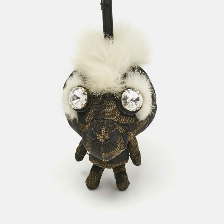 Pre Owned Fendi Tobacco/White Zucca Fabric and Fox Fur F is Fendi Space Monkey Bag Charm