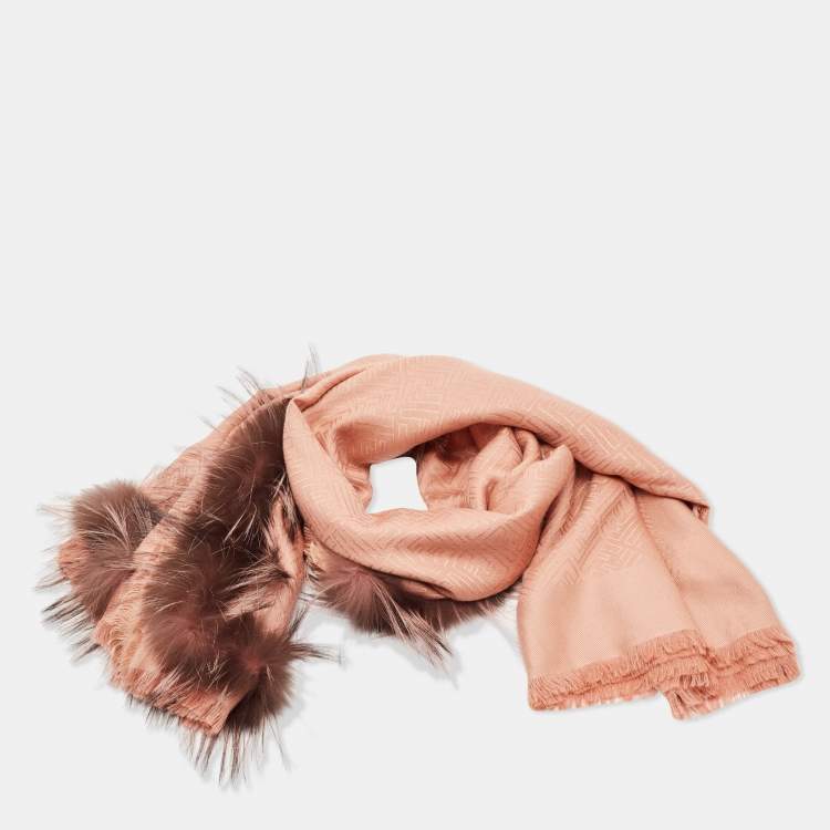 Pre Owned Fendi Pink Zucca Silk and Wool Fur Trimmed Shawl 