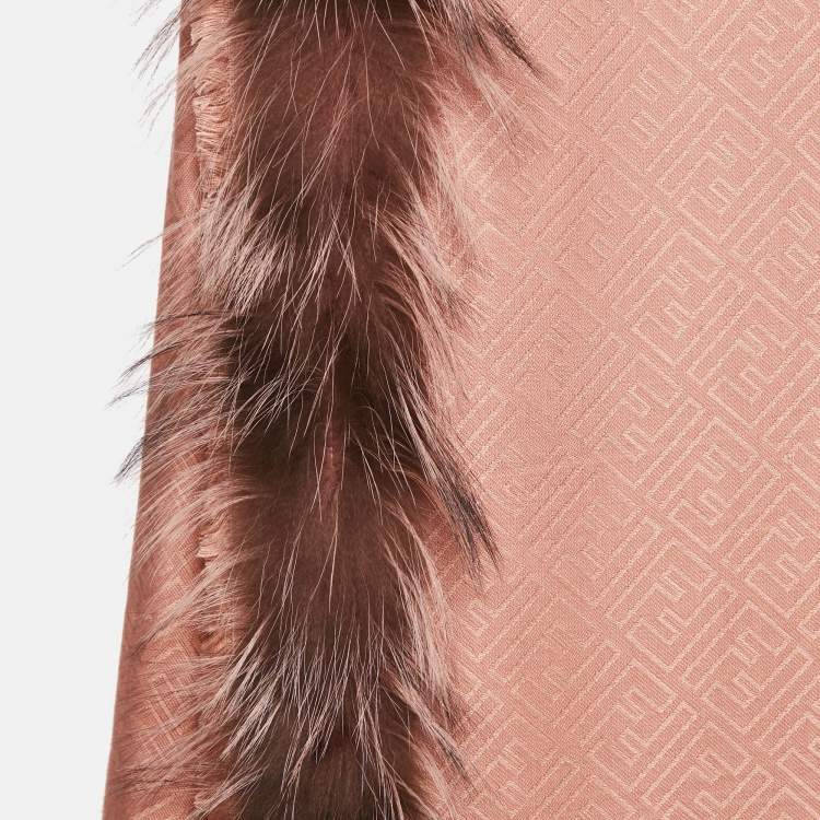 Pre Owned Fendi Pink Zucca Silk and Wool Fur Trimmed Shawl 