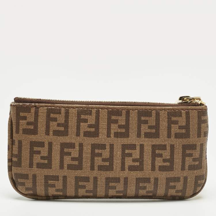 Pre Owned Fendi Beige Zucchino Coated Canvas Key Chain Pouch