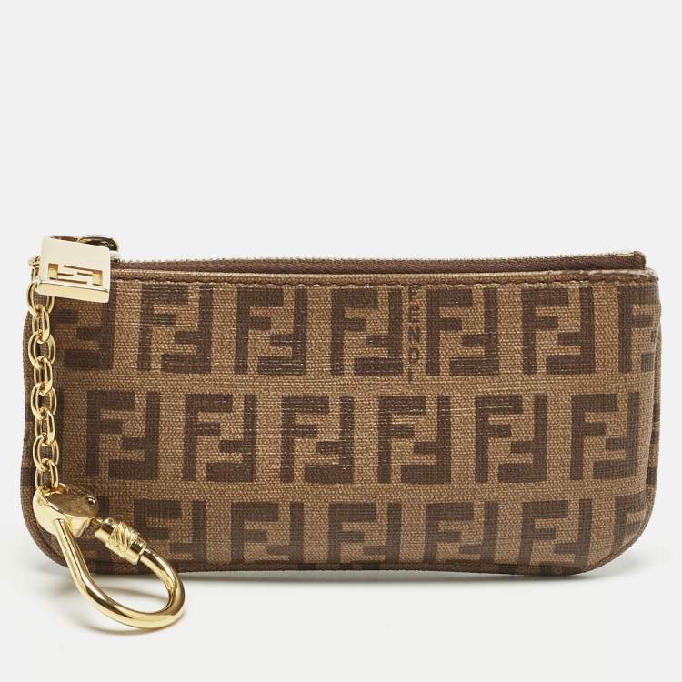 Pre Owned Fendi Beige Zucchino Coated Canvas Key Chain Pouch