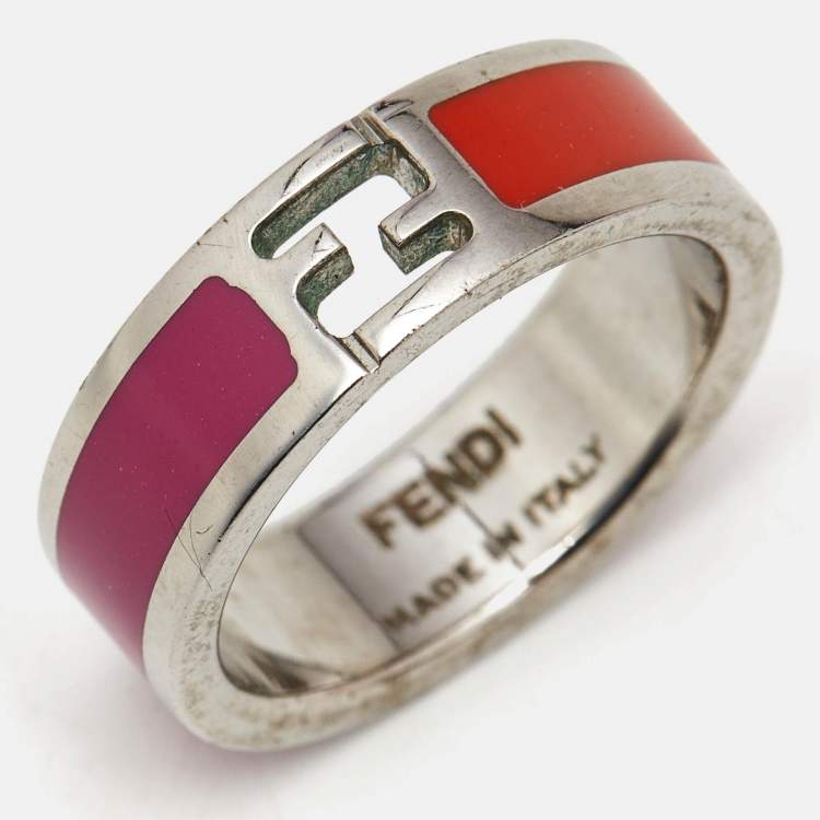 Pre Owned Fendi The Fendista Bi-color Enamel Silver Tone Band Ring Size 54