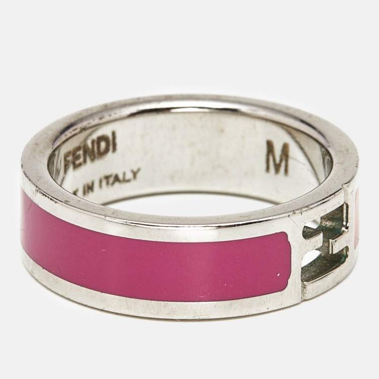 Pre Owned Fendi The Fendista Bi-color Enamel Silver Tone Band Ring Size 54