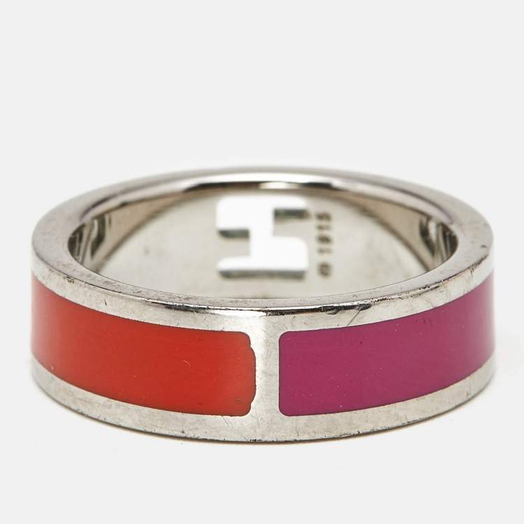 Pre Owned Fendi The Fendista Bi-color Enamel Silver Tone Band Ring Size 54