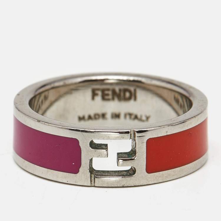 Pre Owned Fendi The Fendista Bi-color Enamel Silver Tone Band Ring Size 54