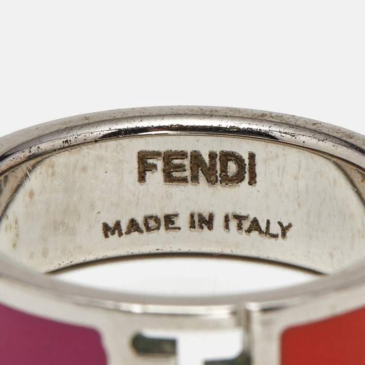 Pre Owned Fendi The Fendista Bi-color Enamel Silver Tone Band Ring Size 54