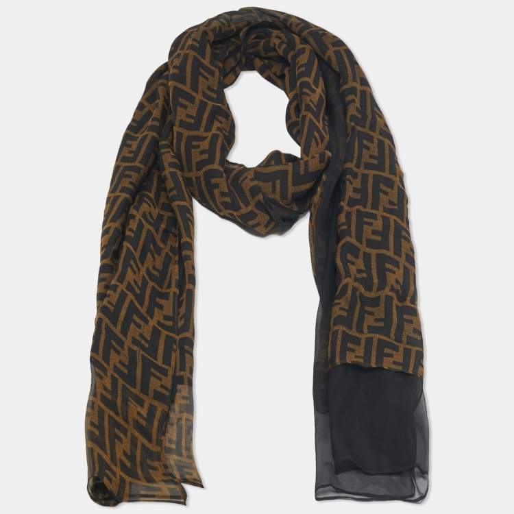 Pre Owned Fendi Brown Zucca Silk Layered Scarf 