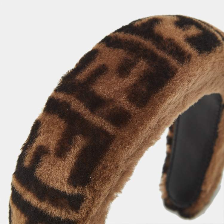 Pre Owned Fendi Brown Zucca Monogram Shearling Headband