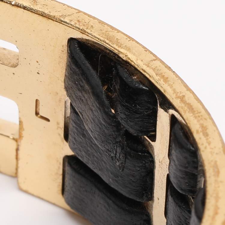 مملوكة مسبقًا Fendi FF Gold Tone Metal and Black Leather Detail Cuff Bracelet