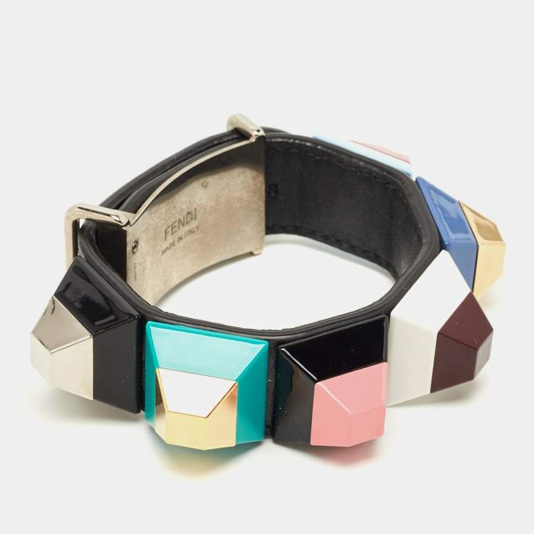 Pre Owned Fendi Multicolor Studded Rainbow Resin Leather Two Tone Metal Bracelet
