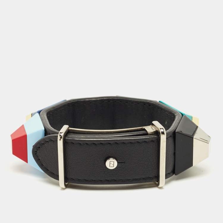 Pre Owned Fendi Multicolor Studded Rainbow Resin Leather Two Tone Metal Bracelet