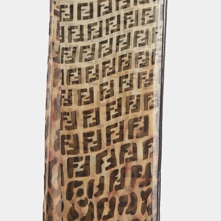Pre Owned Fendi Brown Zucca & Leopard Print Silk Scarf