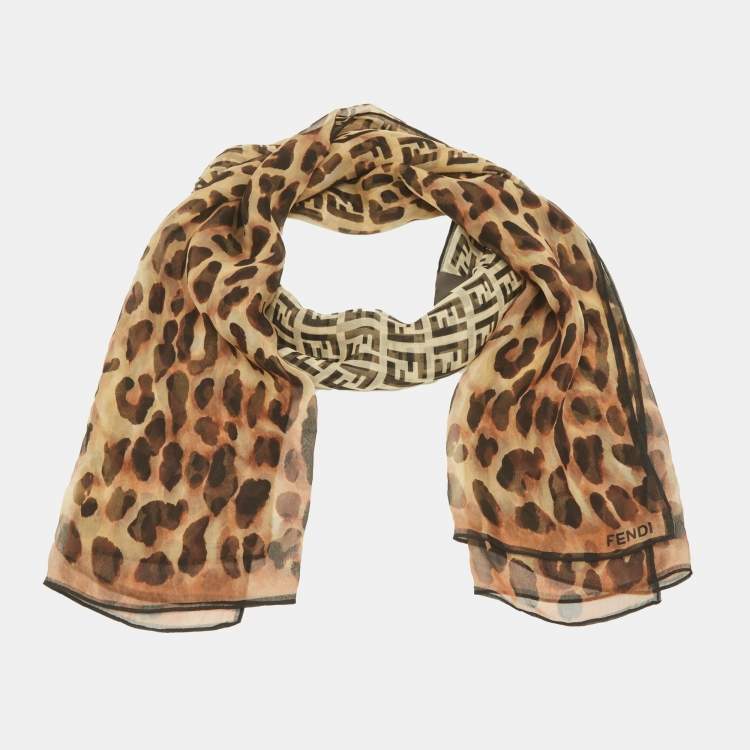 Pre Owned Fendi Brown Zucca & Leopard Print Silk Scarf
