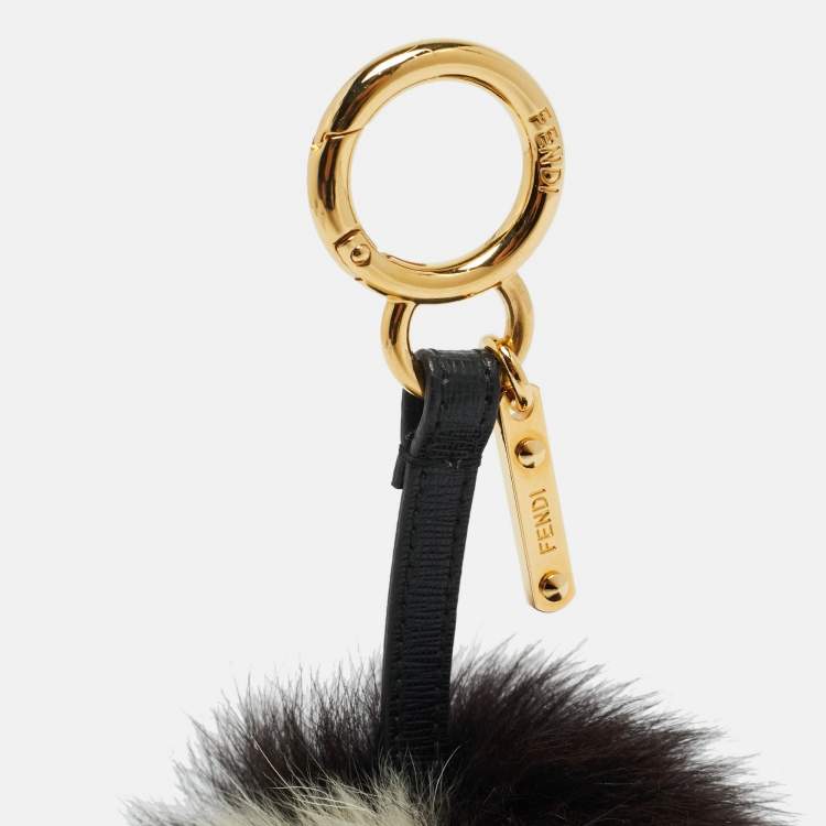 Pre Owned Fendi Pom Pom Bag Charm Black/Beige Fox Fur