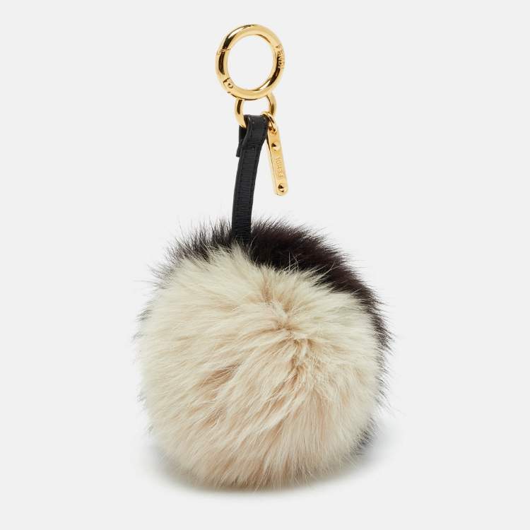 Pre Owned Fendi Pom Pom Bag Charm Black/Beige Fox Fur