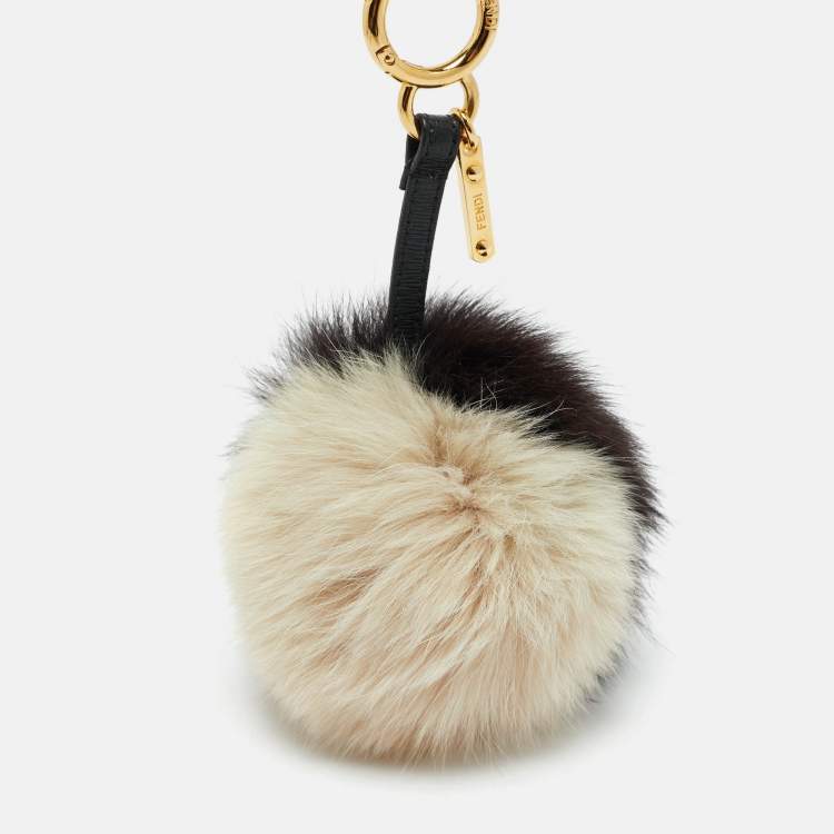Pre Owned Fendi Pom Pom Bag Charm Black/Beige Fox Fur